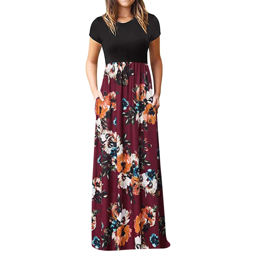 Women Dress Short Sleeves O Neck Patchwork Women Dresses Floral Printed Draped Vestidos Female Long Maxi Dress Casual Robe 5.22