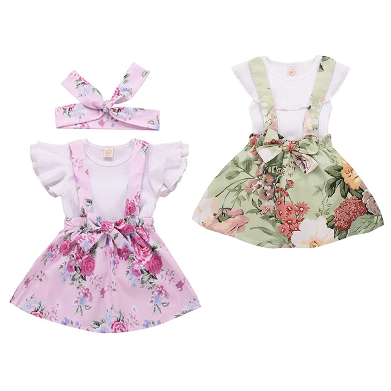 

3PCS Baby Clothing Set Printed hair band for girls baby Clothing Overalls for children print Flowers Dress For Girls Clothes