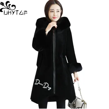 

UHYTGF S-3XL long outerwear high quality Winter Fur coat Women Imitation Sheep shearing Fur collar Hooded Loose Lady fur coat 76