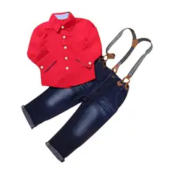 2017 комплект для маленьких мальчиков; Красивая красная рубашка для маленьких мальчиков + брюки на подтяжках; одежда; детская одежда