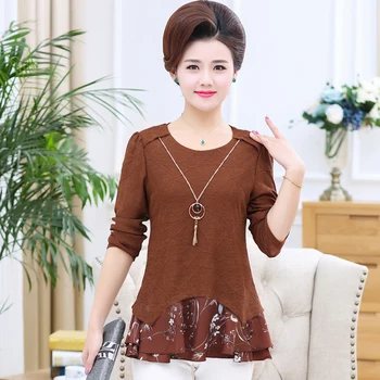 

Tops Pullover Long Sleeves Tshirt 2020 Spring Fall New Middle Age Women Floral Bottoming Shirt Casual Plus Size Mother Clothes