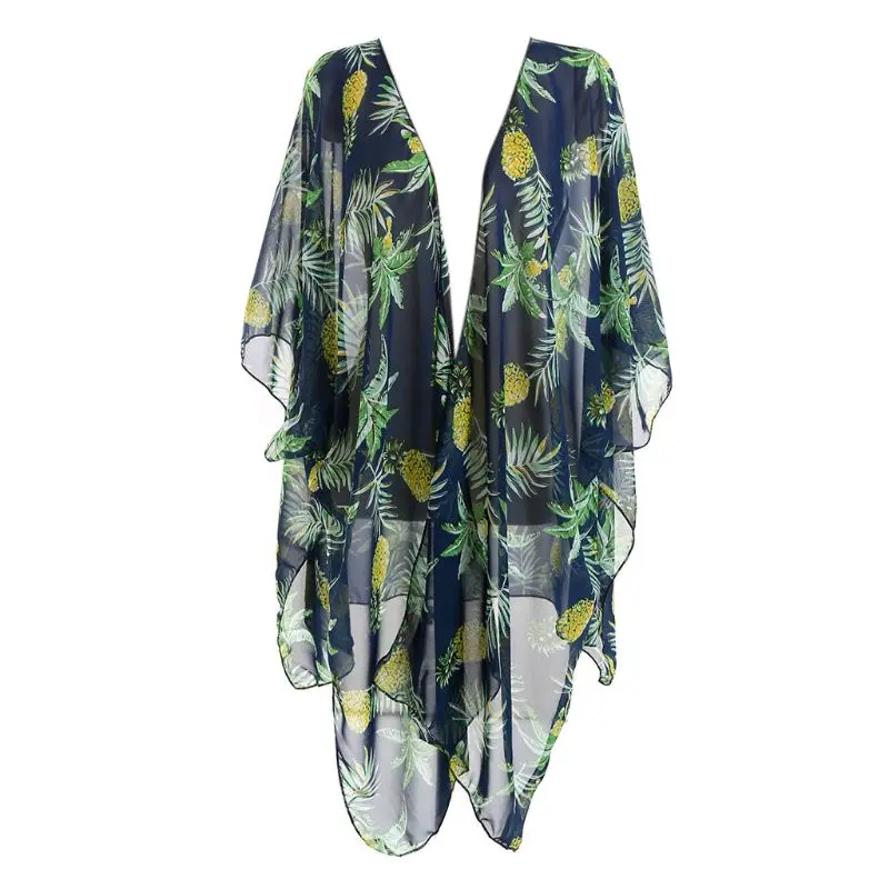 

Women Spring Summer Chiffon 3/4 Sleeves Swimsuit Cover Up Bohemian 3D Pineapple Graphic Pattern Kimono Cardigan Side Split Asymm