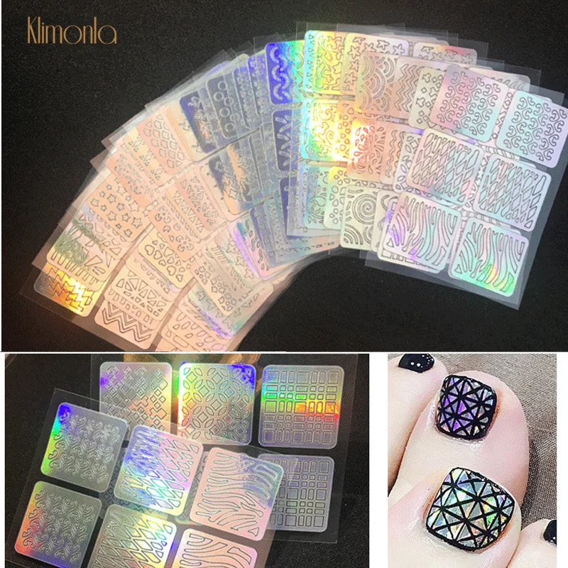 

12pcs/24pcs Laser Hollow Nail Stickers Mix Design Stripe Flowers Nail Wrap Decals 3D DIY Manicure Full Nail Tips