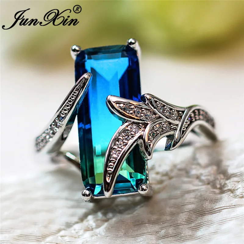 

JUNXIN Gradient Colors Green Blue Crystal Mermaid Tail Rings For Women 925 Silver Color Big Rectangle Stone Wedding Ring Jewelry