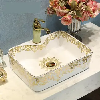 

Gold pattern Jingdezhen factory directly art hand painted ceramic washbasin material bathroom sinks bowl