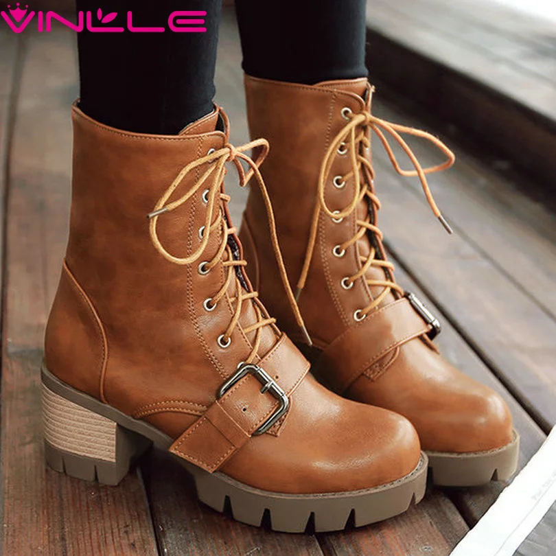 

VINLLE 2016 Square High Heel Ankle Boots Women Motorcycle Boots Size 34-42 Elegant PU Leather Zipper Platform Autumn Women Shoes