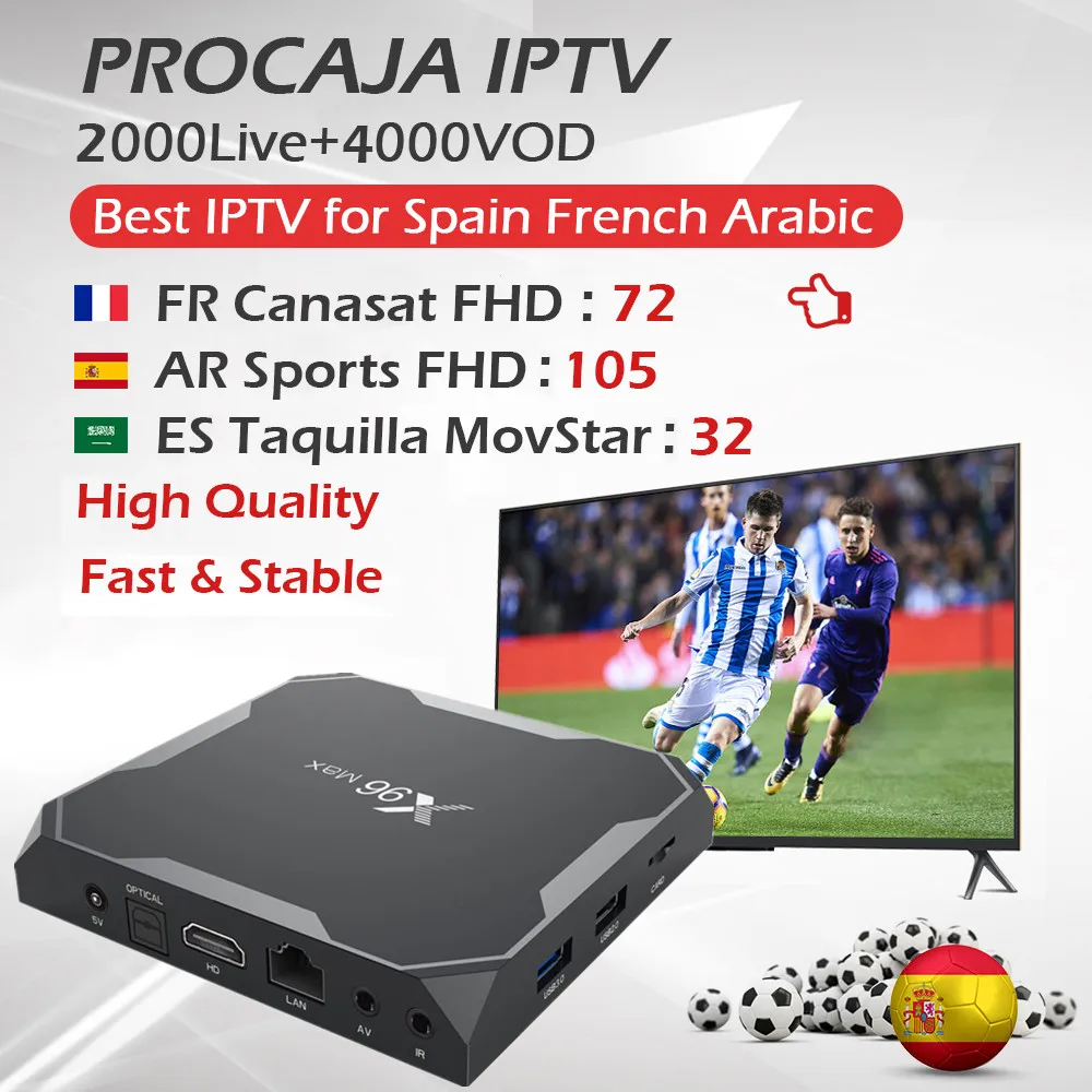 Испания IP tv BOX X96Max Android Amlogic S905X2 tv Box 2,4G& 5G Wifi с 1 год Procaja IP tv французский арабский 2000 Live+ 4000 VOD Box