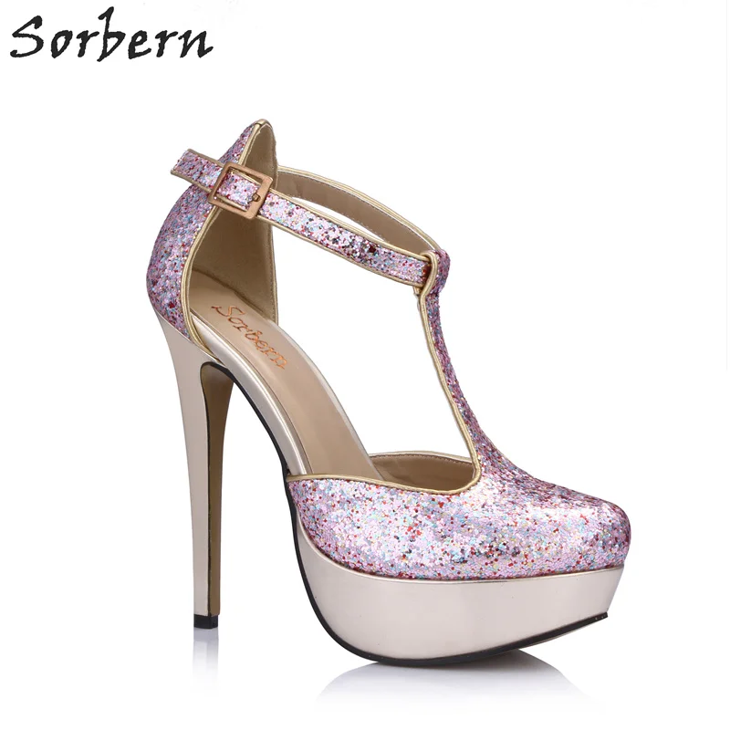 Sorbern Colorful Glitter T Strap Women Pumps Cute Round Toe Shoes