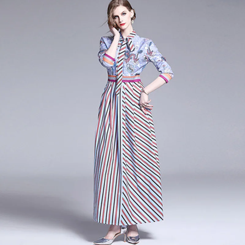 

Designer Long Sleeve Vintage Dress Bow Collar Printing Maxi Runway Dress Ladies High Waist Plus Size A-Line Dress Vestidos