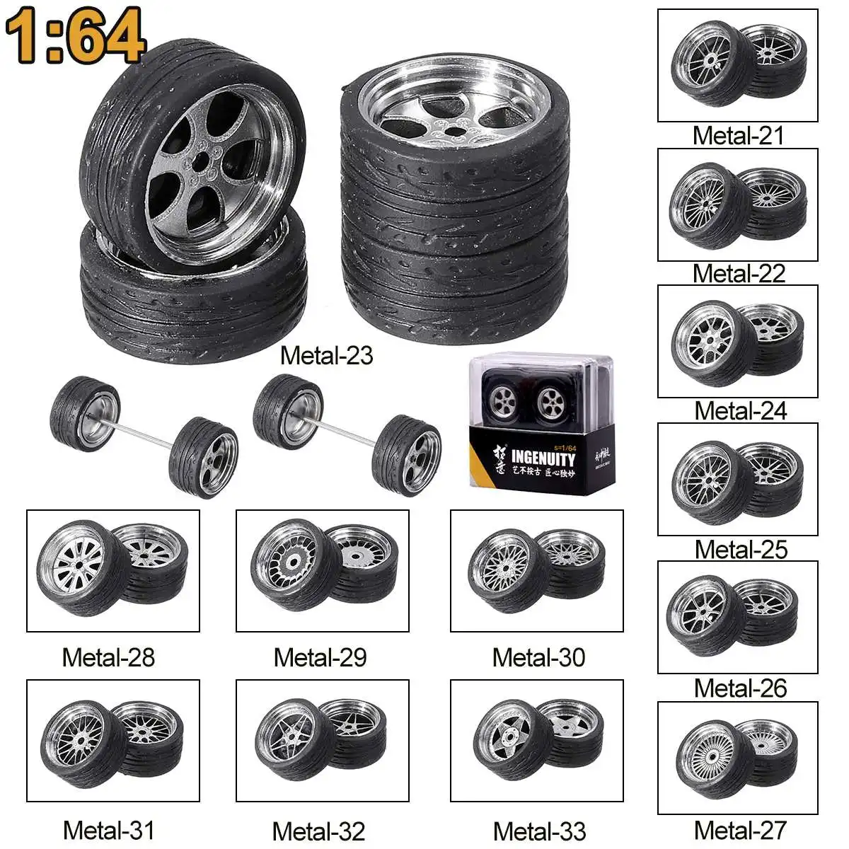 

4pcs/Set 1/64 Retro Thick Tires Modified Car Wheel 21-33 Style Hub Rubber Tire Wind Wheel All Alloy For Vehicle Car Model