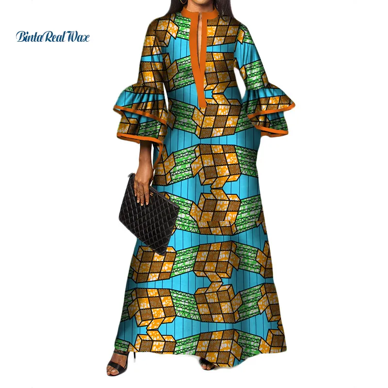 Новое длинное платье с принтом в африканском стиле для женщин Bazin Riche, хлопок, платья с оборками и рукавами, одежда в африканском стиле WY3472 - Цвет: 17