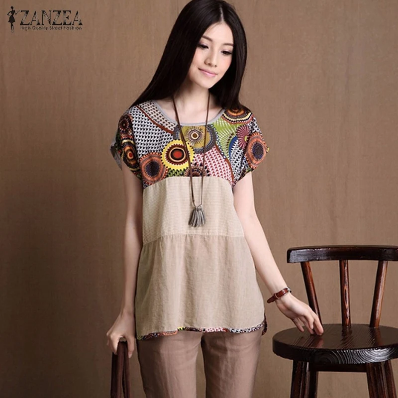 2019 أزياء المرأة فضفاض تي شيرت س الرقبة قصيرة الأكمام طباعة الكتان القطن عارضة المحملة قمم Blusas Femininas زائد حجم الصيف فضفاض