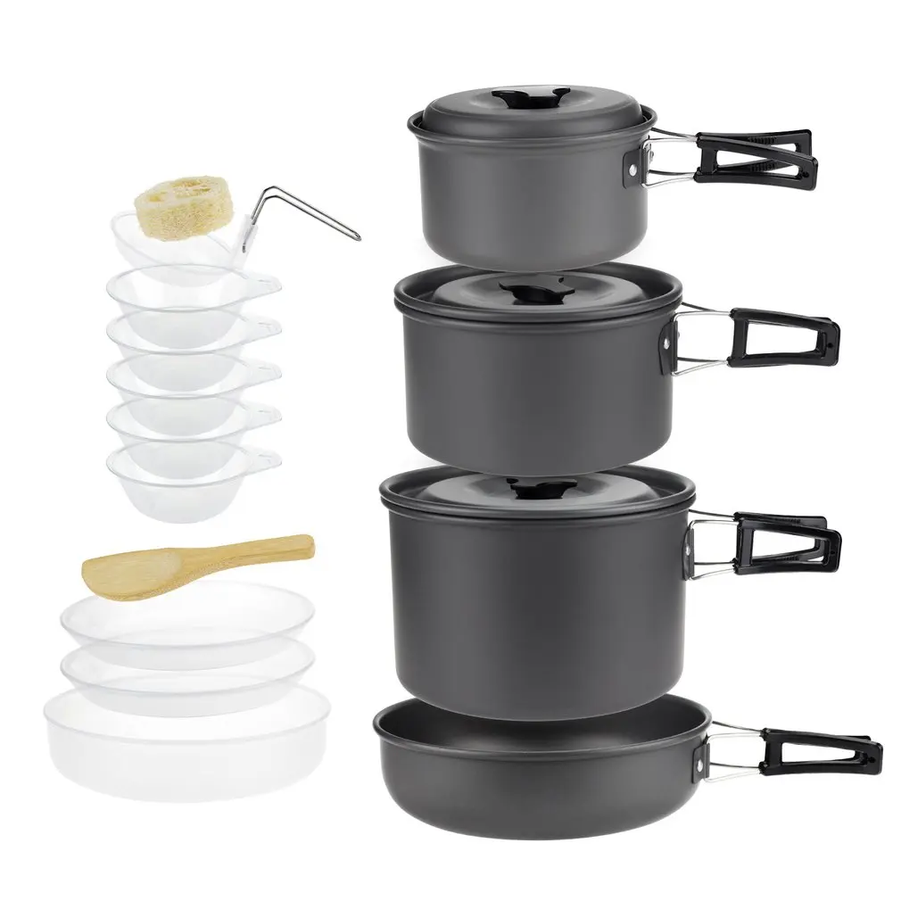 

Aluminum Picnic Cooking Pot Frying Pan Bowl Spoon with Foldable Handle Portable Camping Cookware Set for 4-5 Person