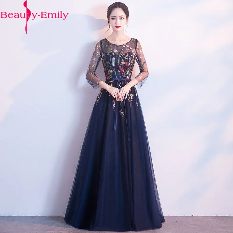 

New Arrival Illusion Long Evening Dress Charming O Neck Three Quarter Neck Formal Dress with Appliques Special Occasion Dress