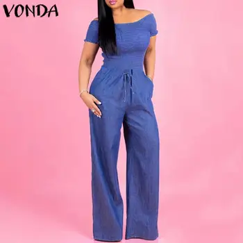 

VONDA Casual Demin Off Shoulder Jumpsuit Women Rompers Sexy Playsuits Summer Bohemian Wide Leg Pants Office Overalls Plus Size