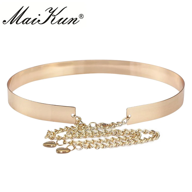 

MaiKun Thin Belts for Women Designer Belt Luxury Mirror Surface Waistband Gold