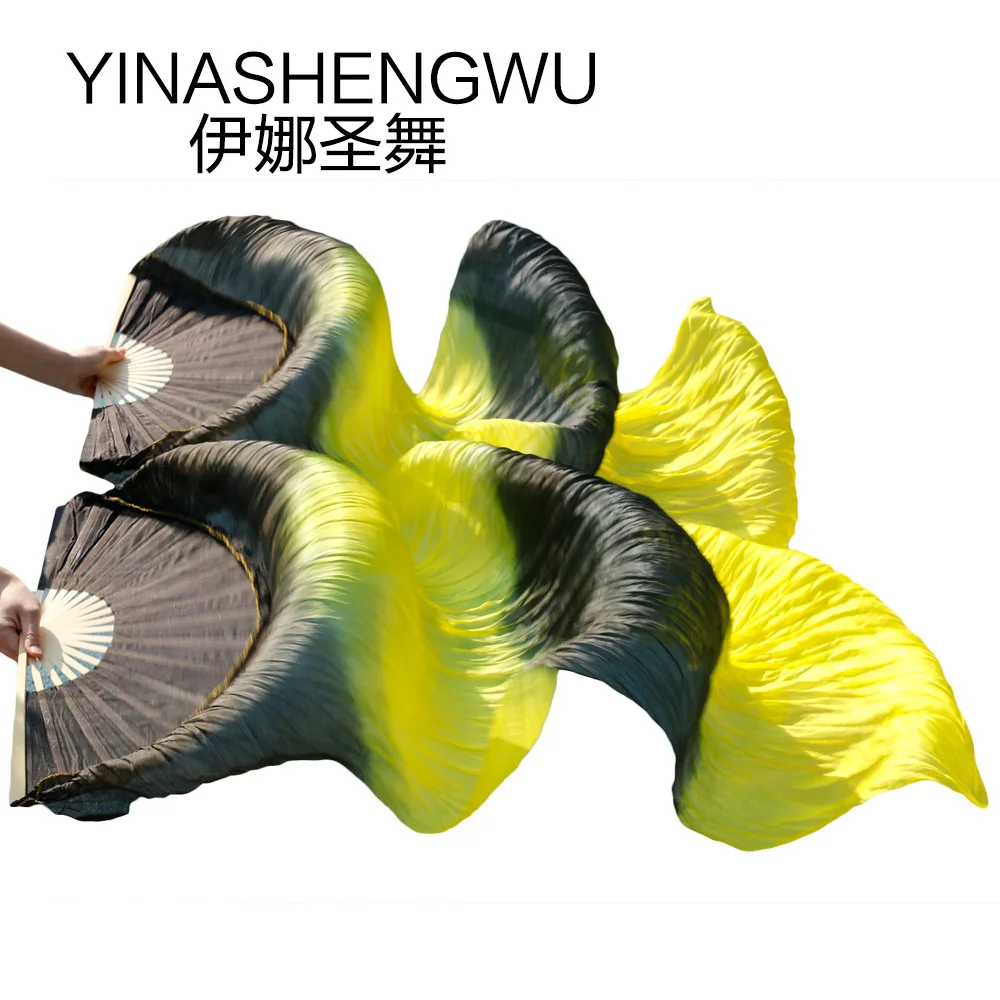 1 Pair Dance Fans Bamboo Ribs Natural Silk Stage Performance Props Dye Women Belly Fan black+yellow+black+yellow | Тематическая