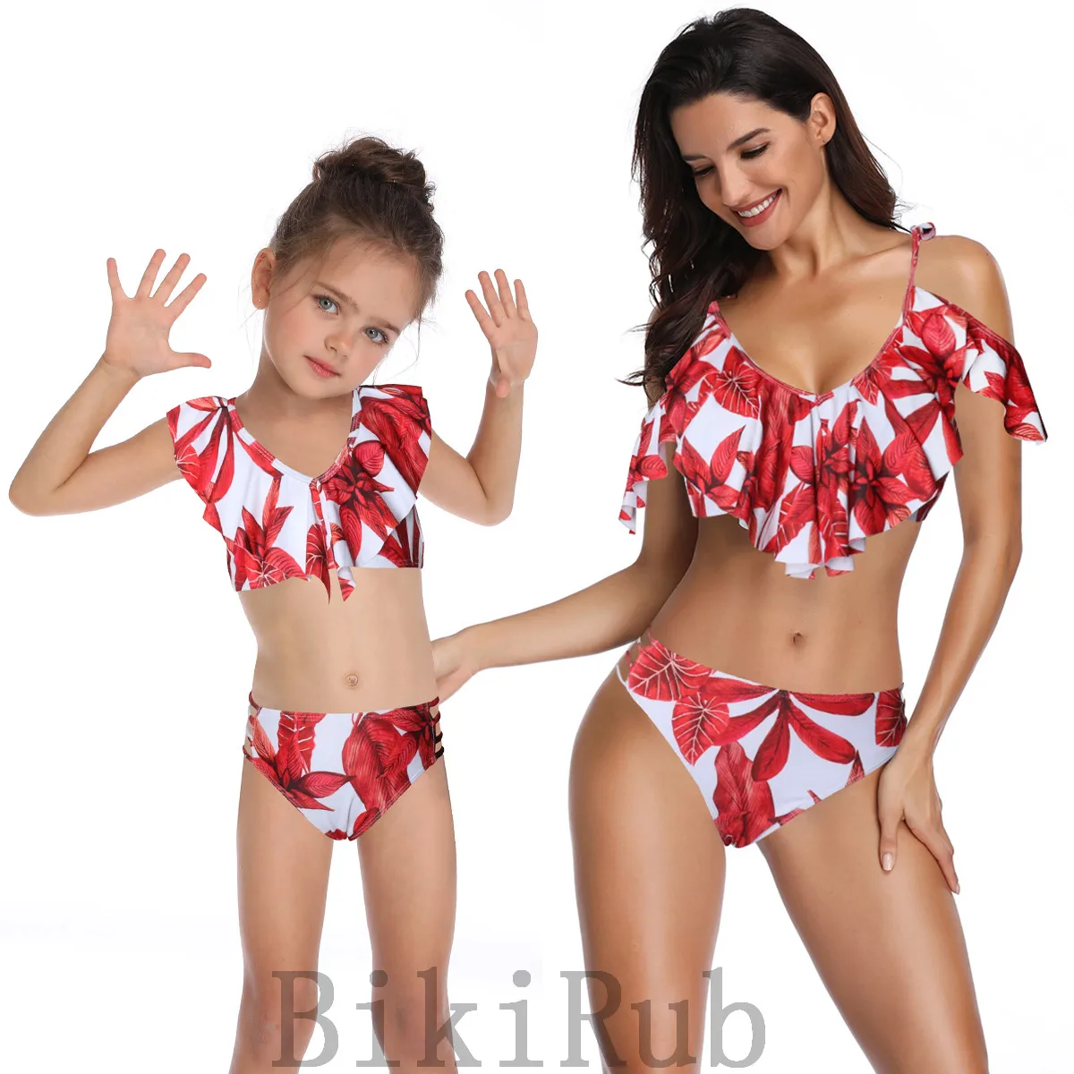 

Family Matching Bikinis Swimsuits Mother daughter Clothes Outfits Female Ruffles Swimwear Beachwear Parent Child Bathing Suit