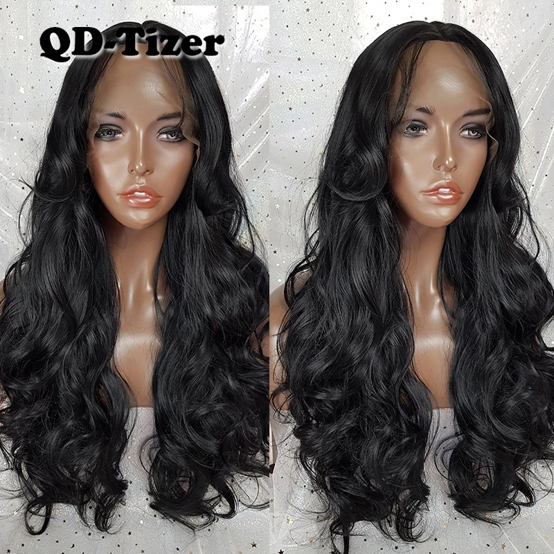 QD-Tizer Hair Body Wave Black Color Lace Front Wigs Natural with Bangs Long Wavy Synthetic Lace Front Wig for Beauty Women1