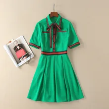 Высокое качество новейшая мода дизайнерское подиумное Полосатое платье с отложным воротником женское платье Плиссированное мини-платье зеленого цвета