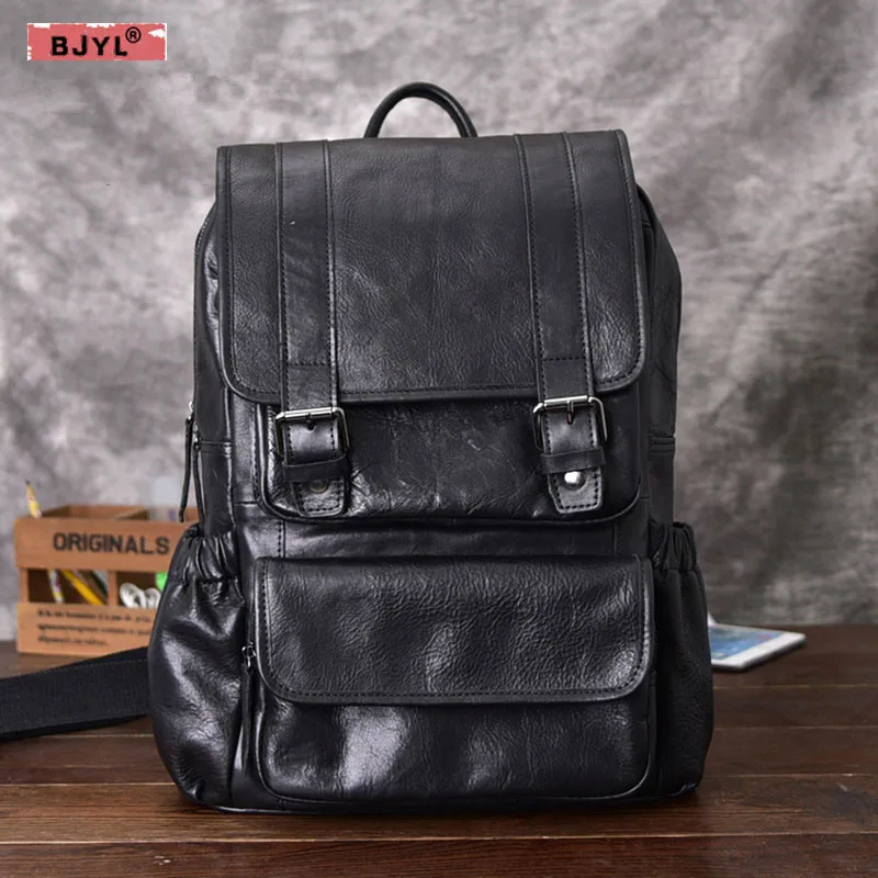 

BJYL Men backpack Multifunctional genuine leather 14" Laptop bag male black rucksack Cow Leather school shoulder bags
