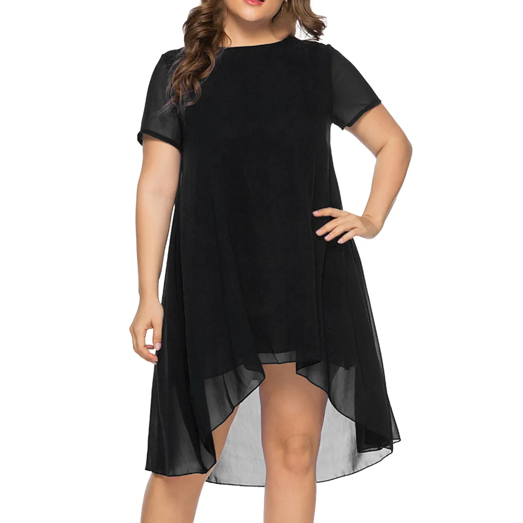 

JAYCOSIN 2019 New Summer Women Dresses Fashion Chiffon Plus Size Solid O-Neck Short Sleeve Asymmetrical Sundress Beach 905615