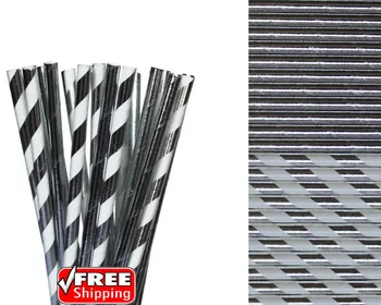 

200pcs Mixed 2 Designs Metallic Silver Foil Paper Straws-Striped and Solid Plain Gold Christmas Wedding Engagement Glam Hip Hop