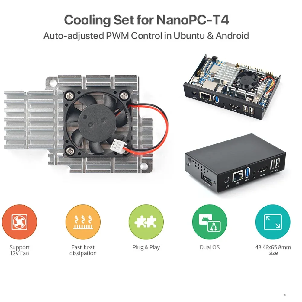 NanoPC-T4 heat sink with fan, metal case, support for PWM auto-adjusting Android Ubuntu