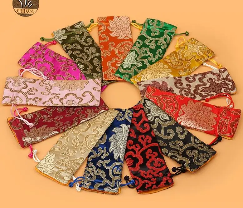 5 pcs 7x18CM,Drawstring Bag Silk Pocket jewelry pouches propitious cloud pattern mixed color Chinese traditional silk bag