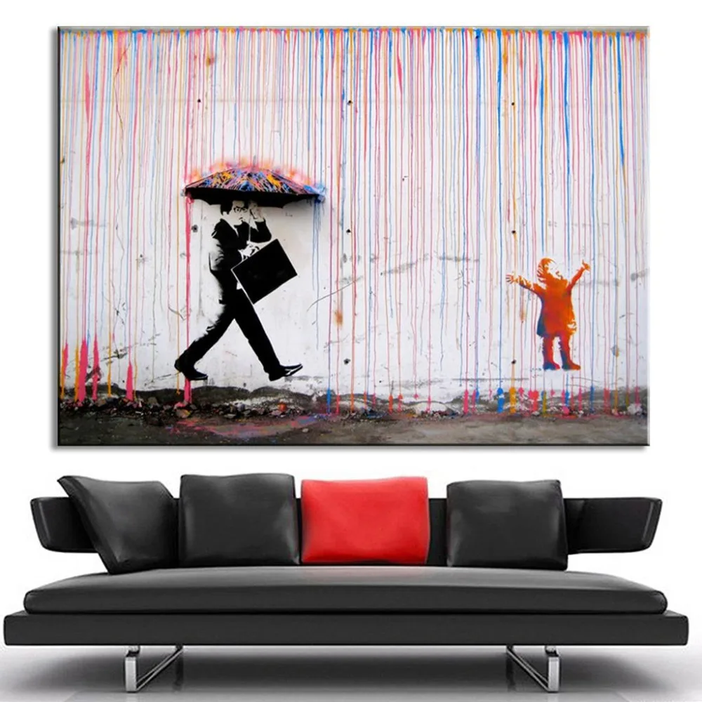 Banksy Colorful Rain Living Room Abstract Figure Oil Painting Hand Banksy Colorful Rain Living Room Abstract Figure Oil Painting Hand Painted On Canvas Modern Wall Home
