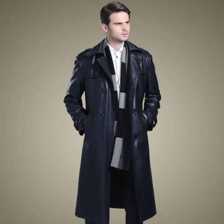 Двубортный кожаные пальто мужские костюмы воротник длинное пальто мужские кожаные тренчи Сгущает Черный на осень-зиму мода М-4XL