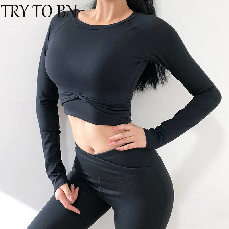 

TRY TO BN 2019 New Women Shirt Long Sleeve Solid Fitness Crop Top Causal High Elasticity Breathable Short Female T-shirt