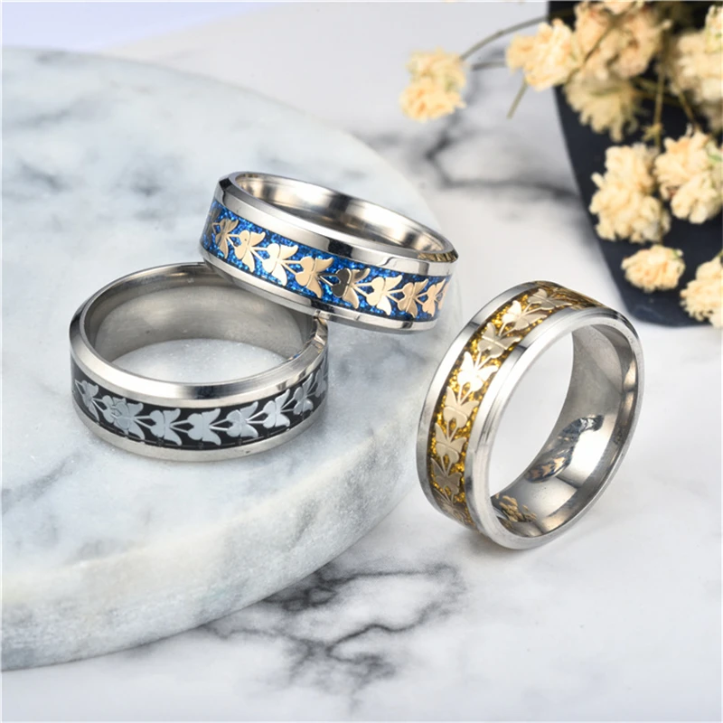 ROMAD Fashion Butterfly Rings for Women/Men Stainless Steel Jewelry 8mm Blue/Gold/Black Personality Wedding Ring Size 6-13 R4