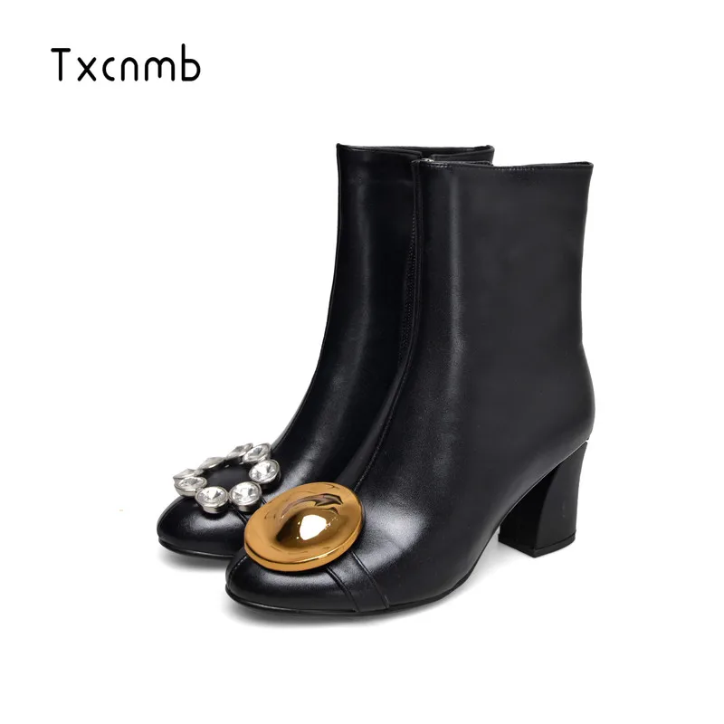 

Salu genuine leather ankle boots elegant round toe thick heel ladies shoes short boots women's leather boots winter boots