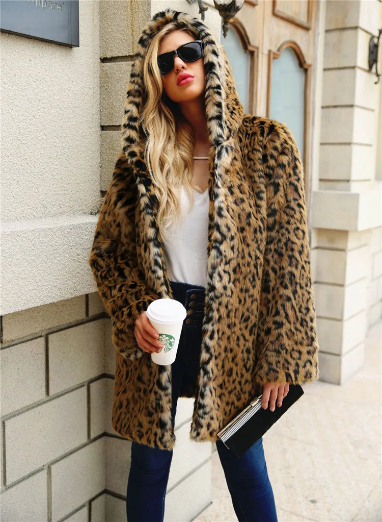 XIKOI высококачественное роскошное пальто из искусственного меха для женщин, зимнее теплое модное леопардовое пальто из искусственного меха, пушистое Женское пальто, куртка