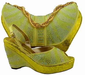 

Hot sale gold wedges design women pumps with bag and rhinestone african shoes match handbag set for dress MM1005