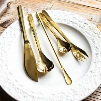 

Hot Sale 4/24 pcs Japanese Style Minimalist Gold Dinnerware 304 Stainless knife fork spoon Cutlery Kitchen Food Tableware Set