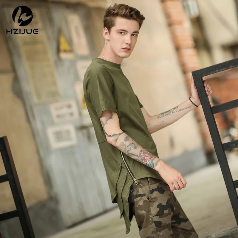 HZIJUE Side Zipper Extended Man Mens Hip Hop Hiphop Swag Long Casual T Shirt Top Tees Justin Bieber Style Clothe Clothing KANYE