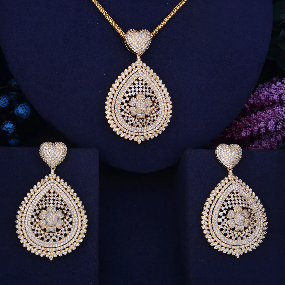 GODKI 68mm Flower Leaf Wreath Luxury 2 Tone Women Wedding Naija Bridal Cubic Zirconia Necklace Earring Dubai Dress Jewelry Set