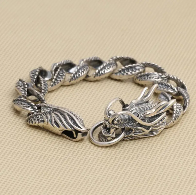 Pure Silver Vintage S925 Carved Dragon Sterling 925 Solid Silver Bracelet Hand Chain(FGL