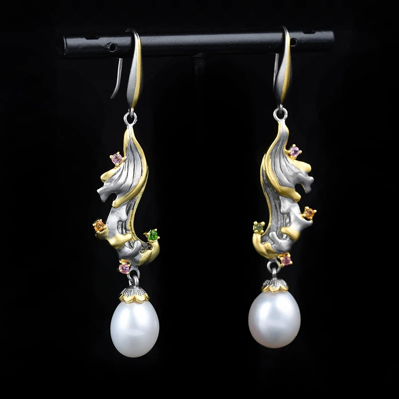 

New handmade 925 silver pearl earrings creative spray long earrings