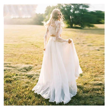 

new Fairy Boho Wedding Dress Lace long Sleeves Chiffon Simple Princess Bride Dress 2 Sets Pieces Custom Made Wedding Gown 2019