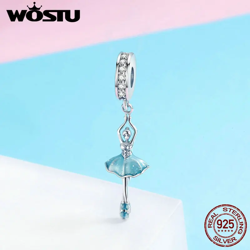 WOSTU Original Design 925 Sterling Silver Blue Enamel Dancer Ballet Girl Pendant fit for Charm Bracelet Women Mother Gift BKC514