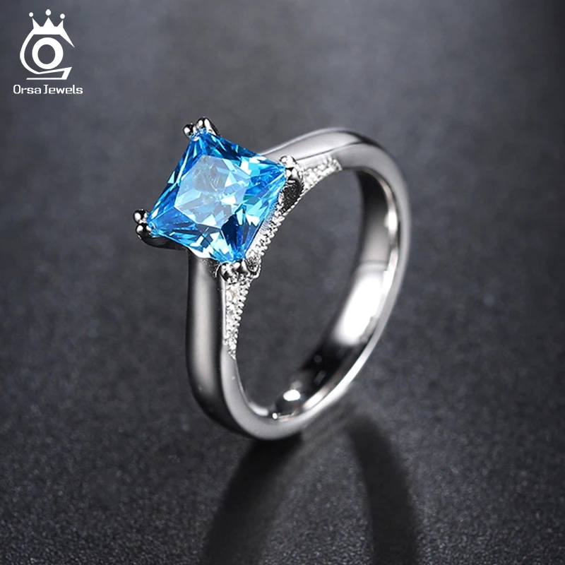 ORSA JEWELS Cute Silver Color Rings with 1.2ct Blue Austrian Cubic Zirconia for Best One 2019 Fashion Women Jewelry Ring OR138