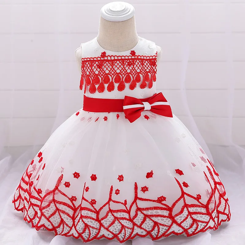 Милые детские платья с вышитыми листьями и бантом для девочек; платье принцессы для дня рождения платье для крещения; праздничное платье для девочек 1 год; L1909XZ - Цвет: red