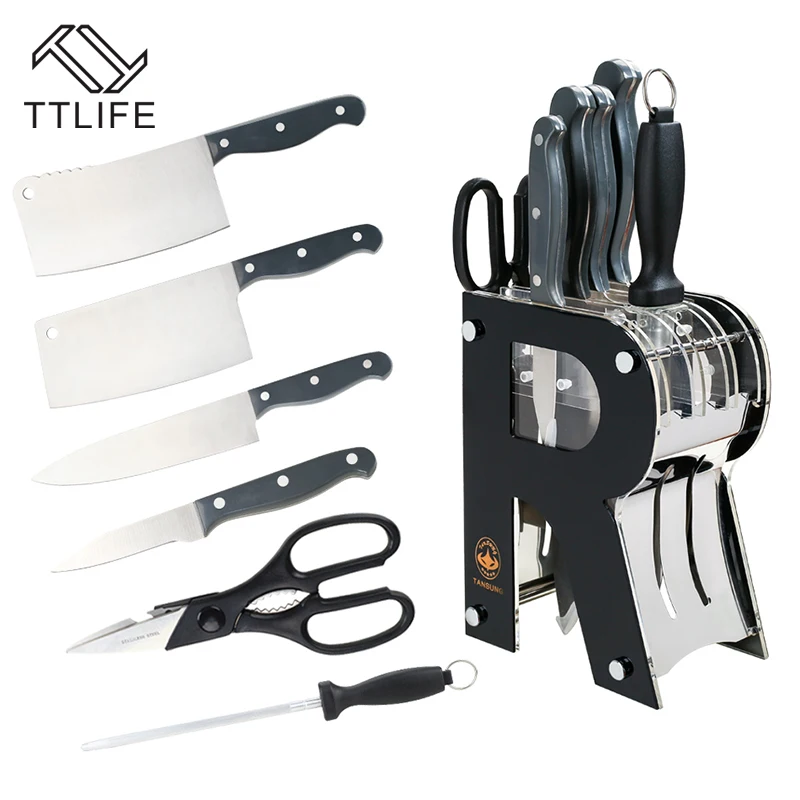 TTLIFE 7 PCS Stainless Steel Knife Set + Peeler + Scissor with Black Acrylic Knife Stand Block Kitchen Knife Cooking Tools TTLIFE 7 PCS Stainless Steel Knife Set + Peeler + Scissor with Black Acrylic Knife Stand Block Kitchen Knife Cooking Tools