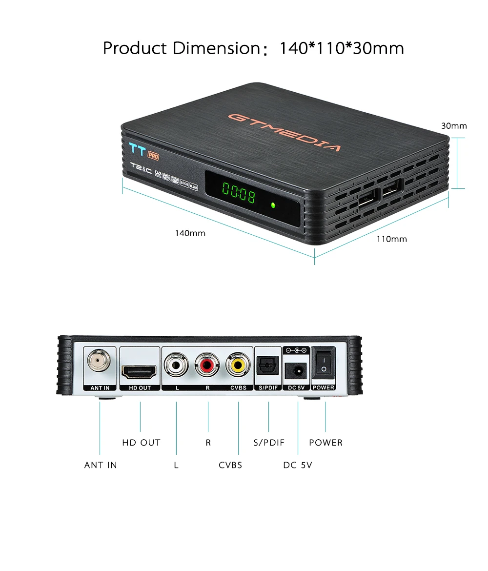 GTMEDIA TT PRO DVB-T2/T эфирный ТВ-приемник HD цифровой ТВ-тюнер рецептор MPEG4 DVB T2 H.265 DVB-C ТВ-приставка