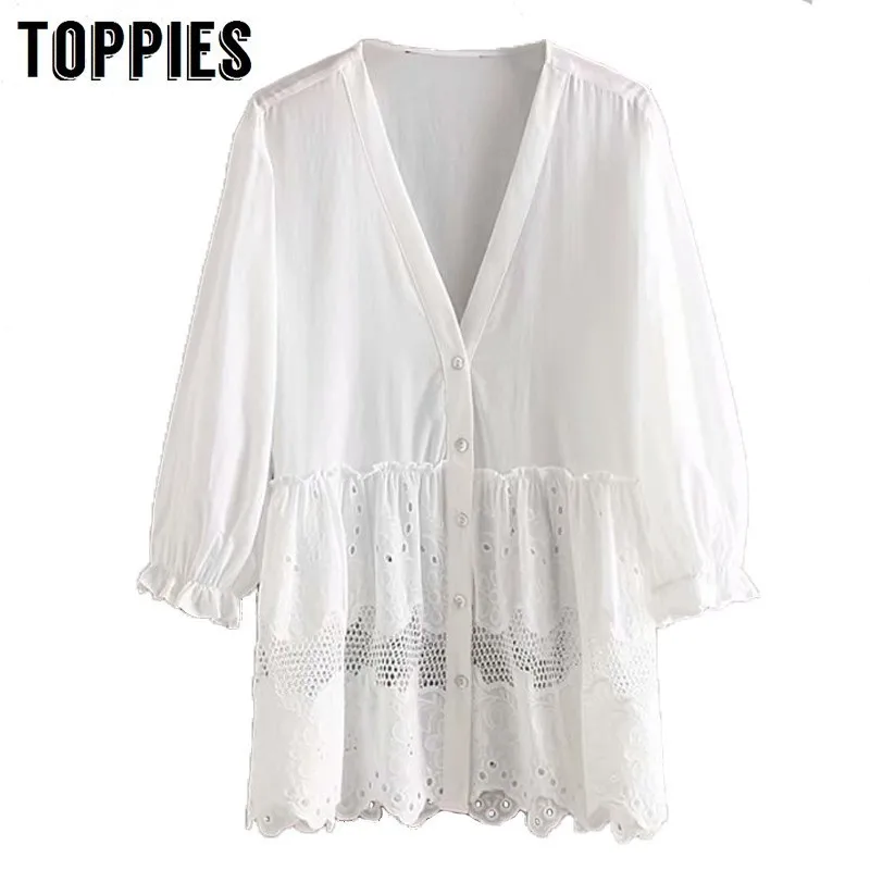 

Women Hollow Out Embroidery Cotton Tops Summer Lantern Sleeve White Ruffles Shirts Deep V Neck Vacation Smocks