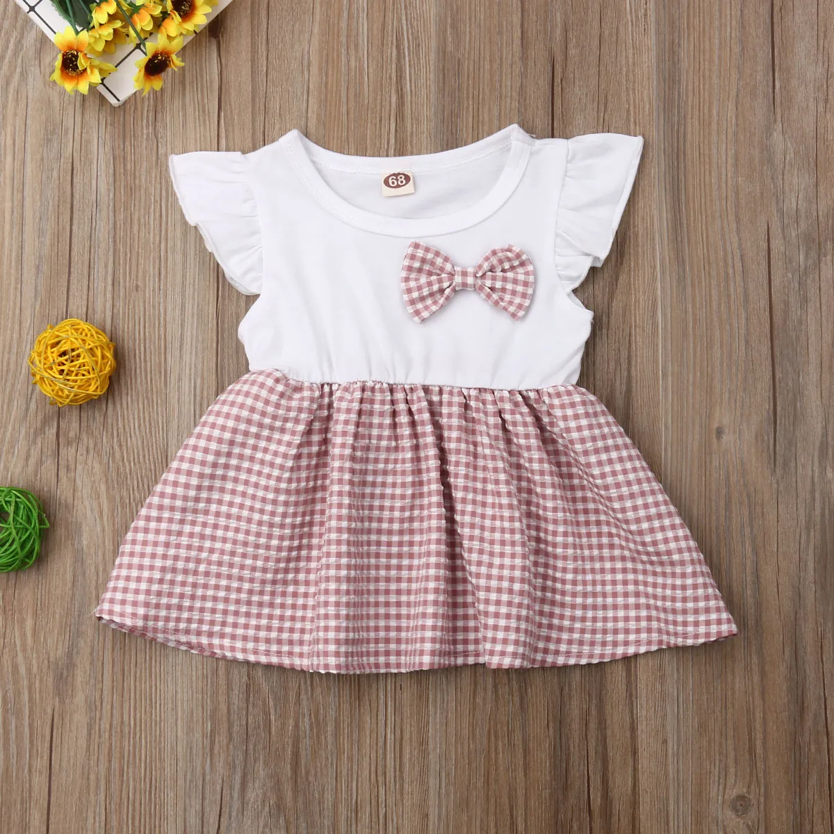 

Newest Fashion Newborn Baby Girl Clothes Fly Sleeve Ruffle Tutu Princess Bowknot Plaids Dress Outfit Sundress