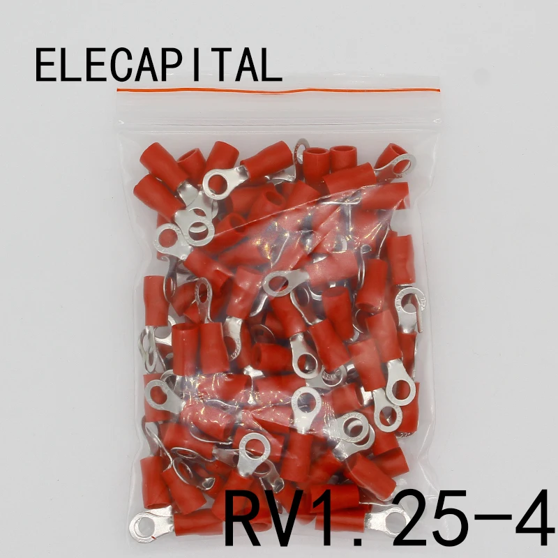 RV1.25-4 изолированный провод с красным кольцом, Электрический обжимной терминал, RV1.25-4, кабель, провод, разъем, 100 шт., RV1-4 RV